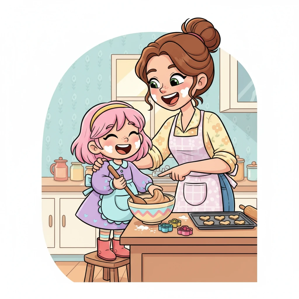 Dans la cuisine, Léa et sa maman sont occupées à préparer de délicieux biscuits, de la farine sur le nez et des éclats de rire. La maman de Léa lui montre comment mélanger la pâte, partageant des secrets de cuisine et des moments de complicité. Chaque biscuit est imprégné d'amour et de joie partagée.