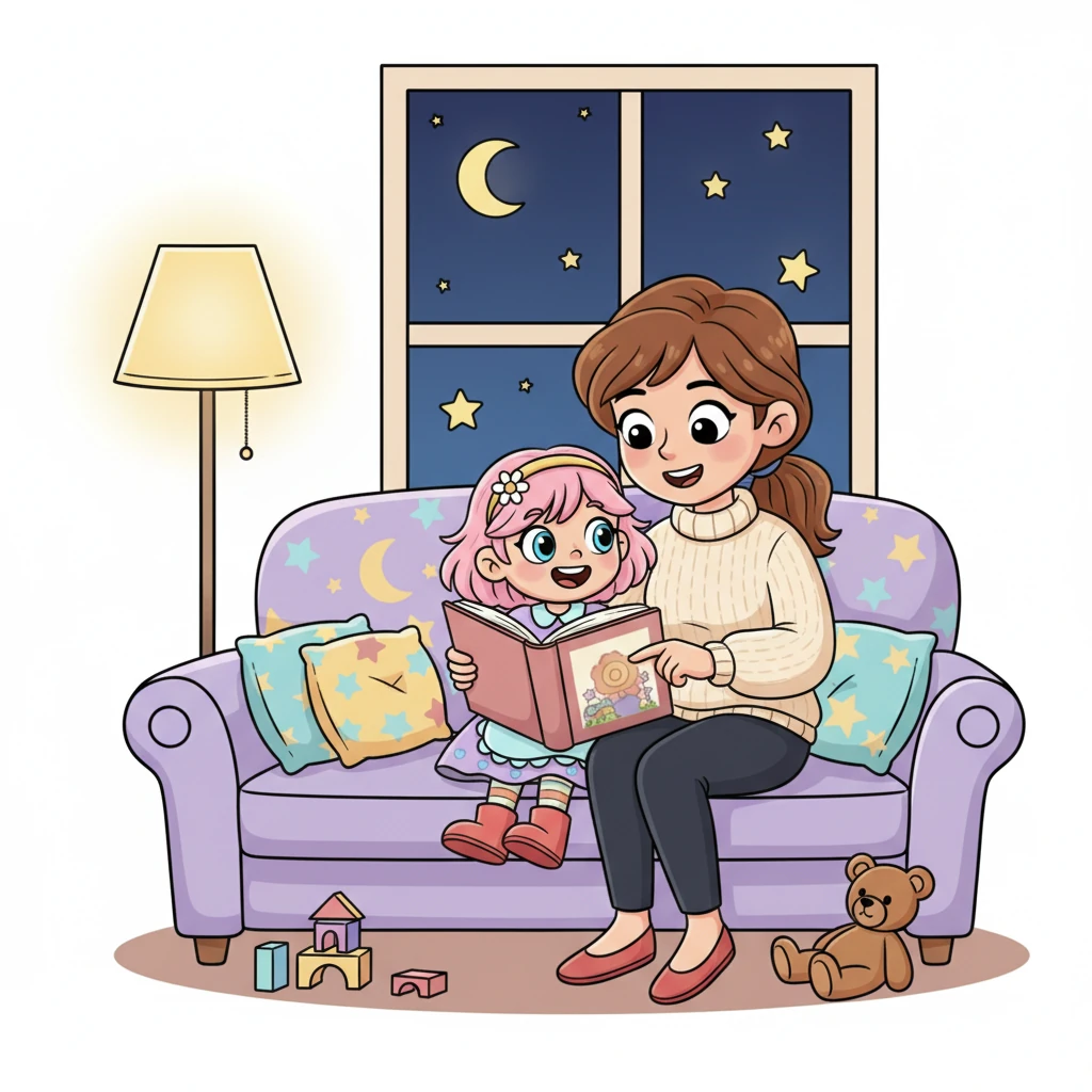 Le soir, confortablement installées sur le canapé, Léa et sa maman lisent ensemble un grand livre d'histoires. La maman de Léa pointe les mots du doigt, expliquant avec patience et tendresse. Chaque mot appris ouvre une nouvelle fenêtre sur le monde.