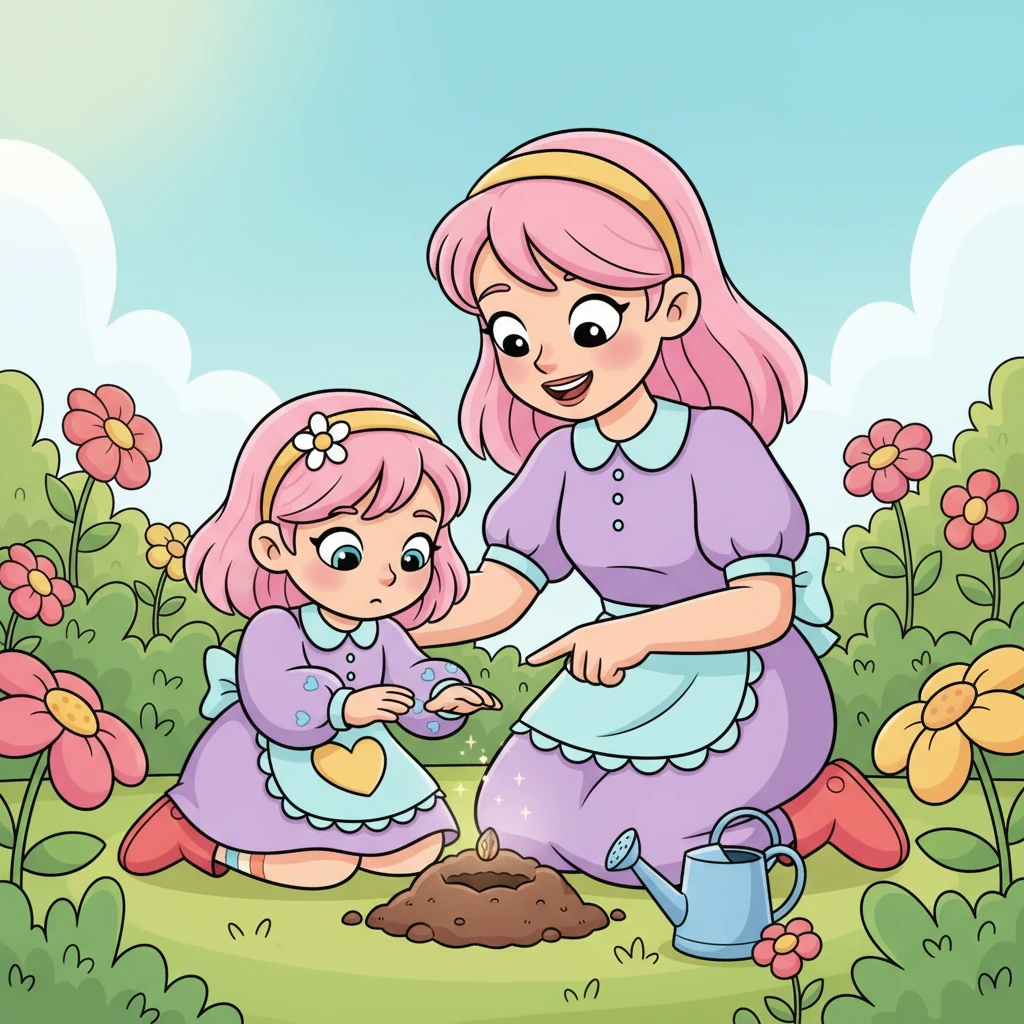 Dans le jardin, Léa et sa maman plantent une petite graine, la couvrant de terre avec soin. La maman de Léa lui explique comment la graine va grandir et devenir une belle fleur, tout comme Léa grandit chaque jour. C'est une leçon sur la vie et la patience.