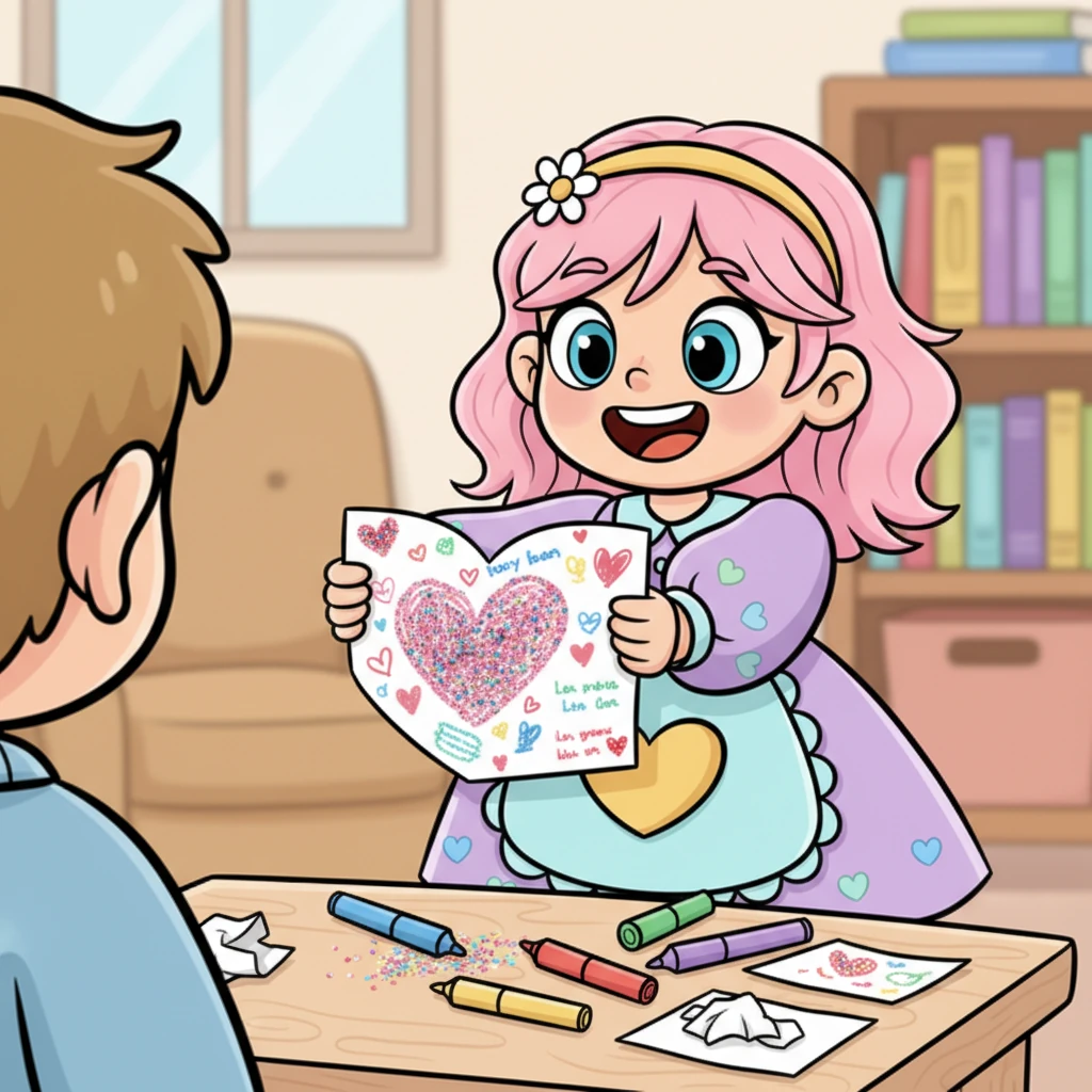 Avec des feutres de toutes les couleurs, Léa dessine un grand cœur pour sa maman, rempli de paillettes et de petits mots d'amour. Elle lui offre le dessin avec un immense sourire, les yeux brillants de fierté et d'affection. Ce cadeau fait avec le cœur est plus précieux que tout.