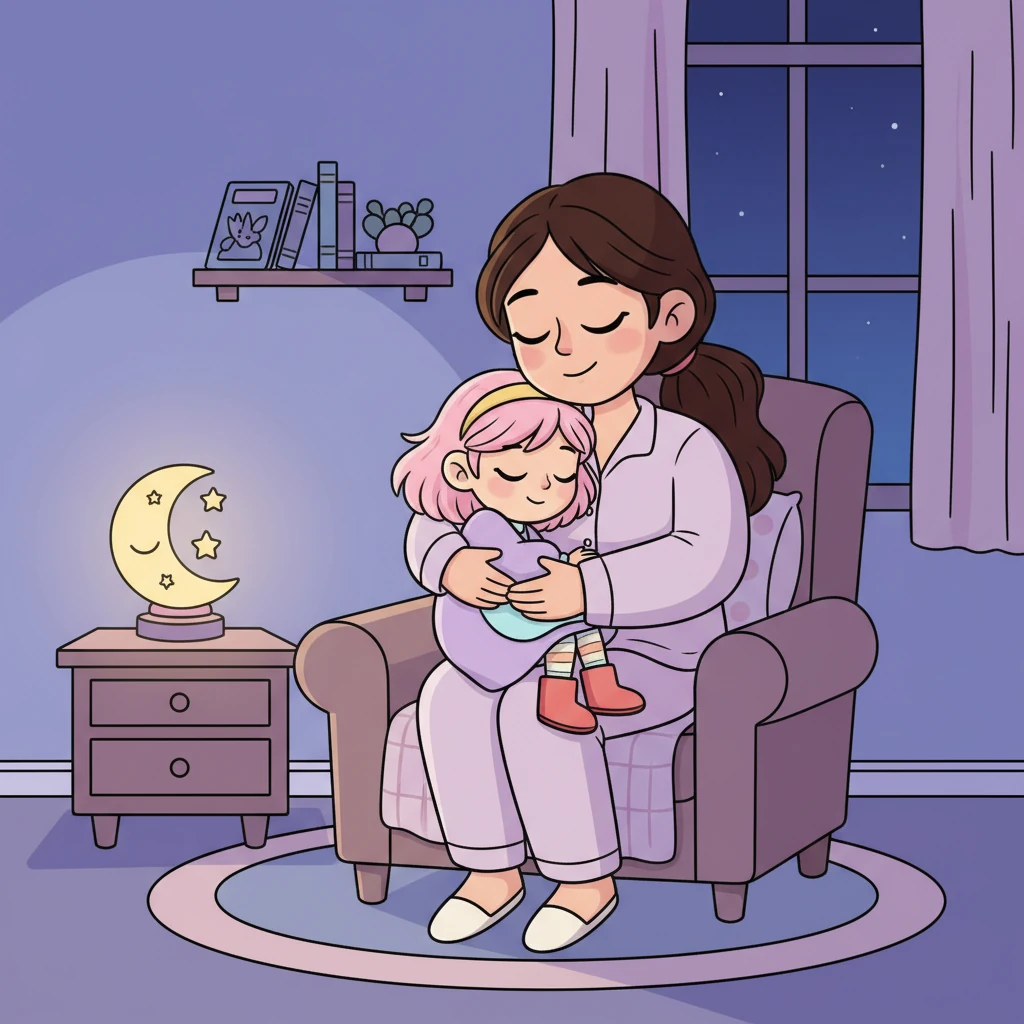 Au coucher, Léa est blottie contre sa maman, écoutant une douce berceuse. Les bras de sa maman l'entourent, la protégeant et lui offrant un sentiment de sécurité et d'amour inconditionnel. C'est un moment de paix et de tendresse, juste avant de s'endormir.