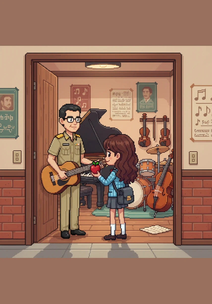 Teacher Natthawut, a tall man with fair skin wearing a khaki civil service uniform and glasses, stands at the music room door. He warmly greets his students, including short Abrad and tall Ghafri in their white shirts and Islamic caps, inviting them into a room filled with traditional Thai instruments.