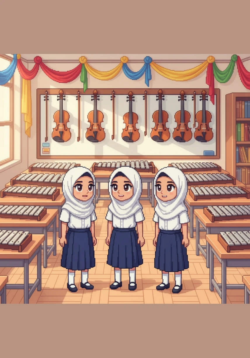 Inside the bright classroom, Bilgis, Sadia, and Natchanan stand together in their white hijabs and navy blue skirts. The room is decorated with colorful silk, and the students look around in awe at the rows of wooden xylophones and elegant fiddles shining under the lights.