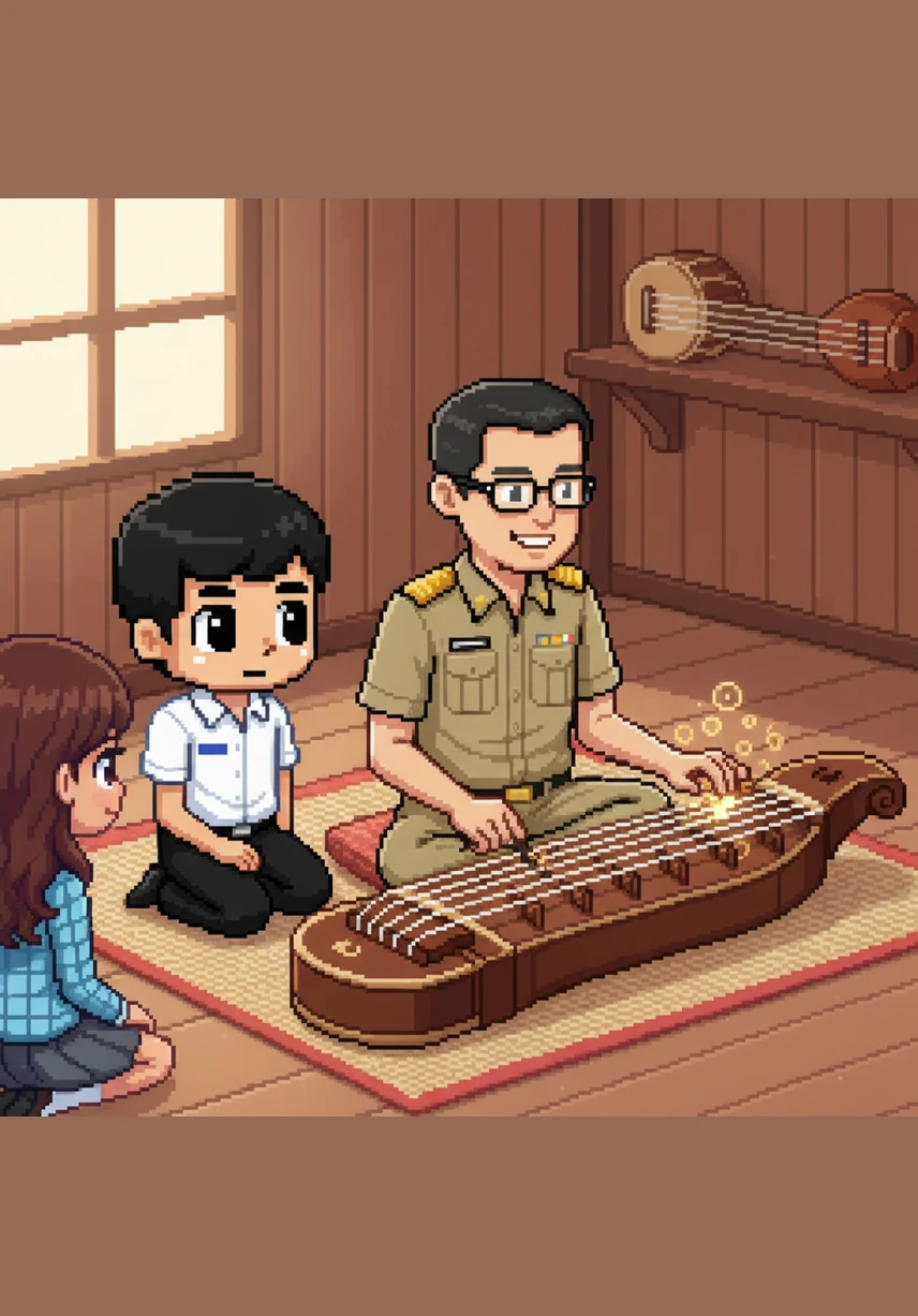 Teacher Natthawut sits by the Jakhe, a floor zither shaped like a crocodile, to explain the 'Plucking' technique. Muhammad Abrad, a short boy with round eyes, watches intently as the teacher's fingers move across the strings to create a bright and resonant melody.