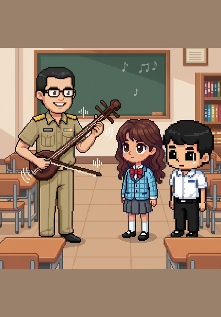 The teacher demonstrates the 'Bowing' technique using the Saw U, a traditional fiddle made from a coconut shell. Bilgis, a tall girl with a slender face, listens with wide eyes to the deep and mellow sound that fills the air as the bow slides across the strings.