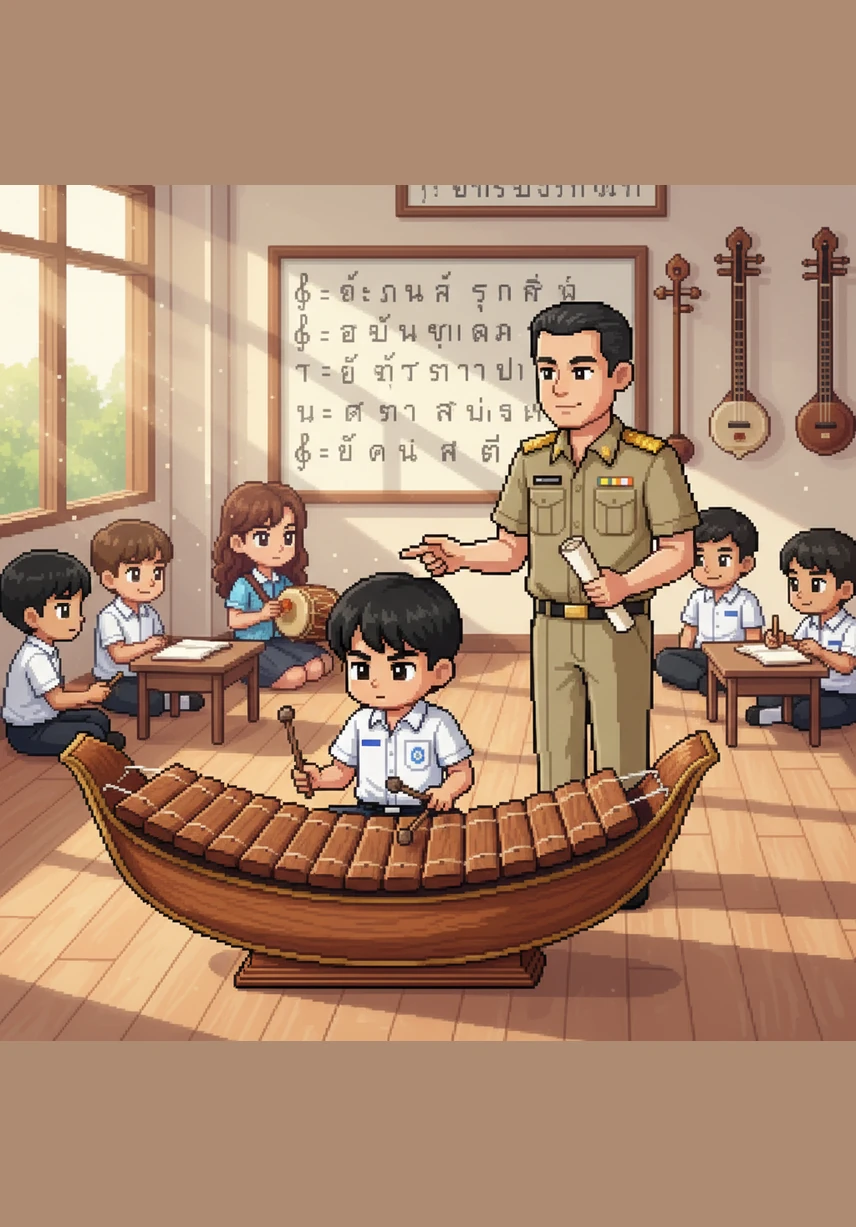 Moving to the 'Striking' instruments, the teacher shows the Ranat Ek, a beautiful curved wooden xylophone. Muhammad Ghafri, the tall boy with honey-toned skin, is mesmerized by the rhythmic and energetic sound of the wooden mallets dancing across the keys.