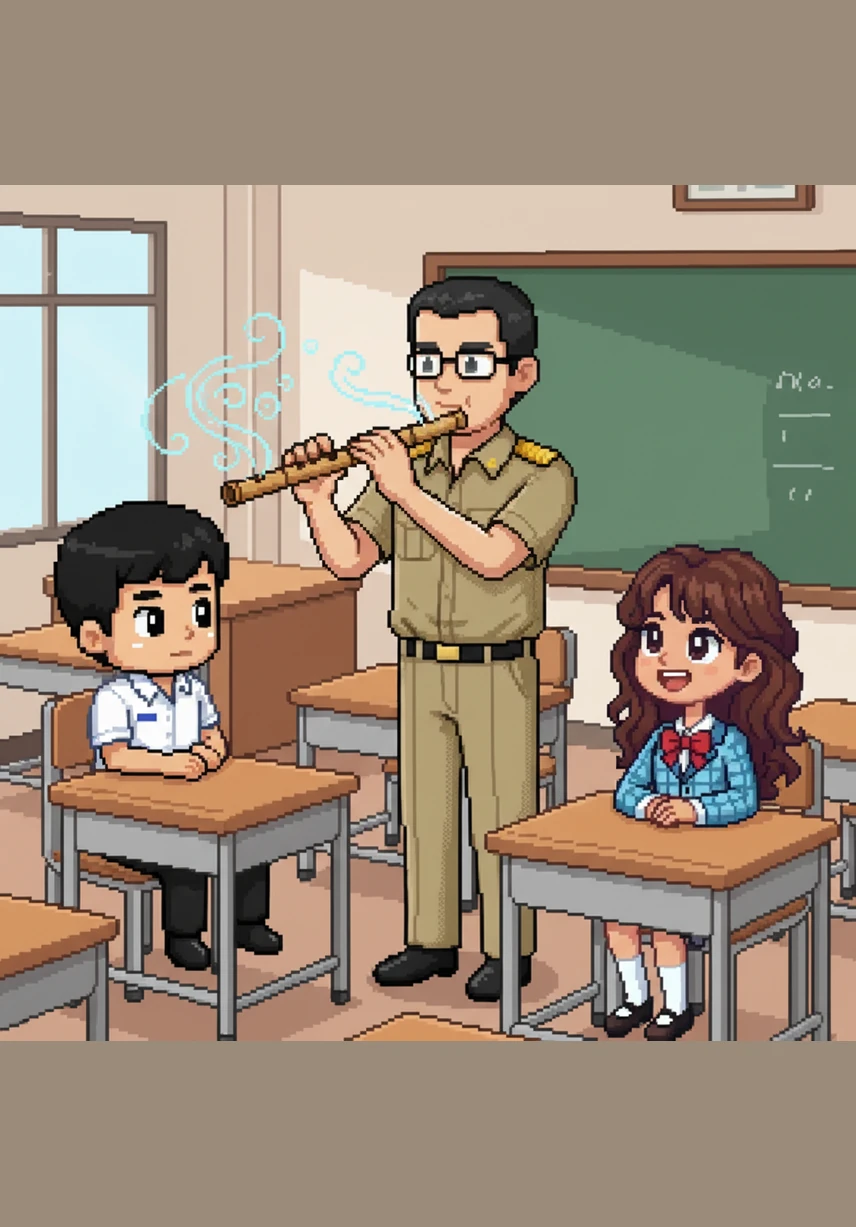For the 'Blowing' category, Teacher Natthawut holds up a bamboo Khlui flute to show the class. Sadia, a short girl with honey-colored skin, smiles as she hears the soft, airy notes that sound like a gentle breeze whistling through a quiet forest.