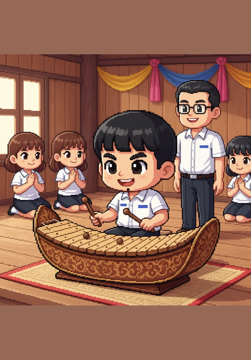 Peeratach, a short boy with fair skin and a tiny mole under his chin, gets his turn to play the Ranat Ek. He holds the mallets with great focus and strikes a wooden key, his face beaming with pride at the bright, clear sound he creates.