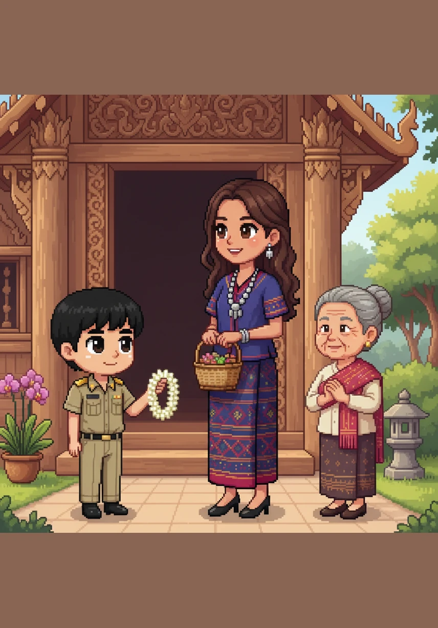 Natchanan, a tall girl with honey skin, stands with Bilgis to examine the intricate carvings and silk strings of the Saw Duang fiddle. They admire the craftsmanship of the instrument, feeling a deep sense of pride in their beautiful Thai musical heritage.