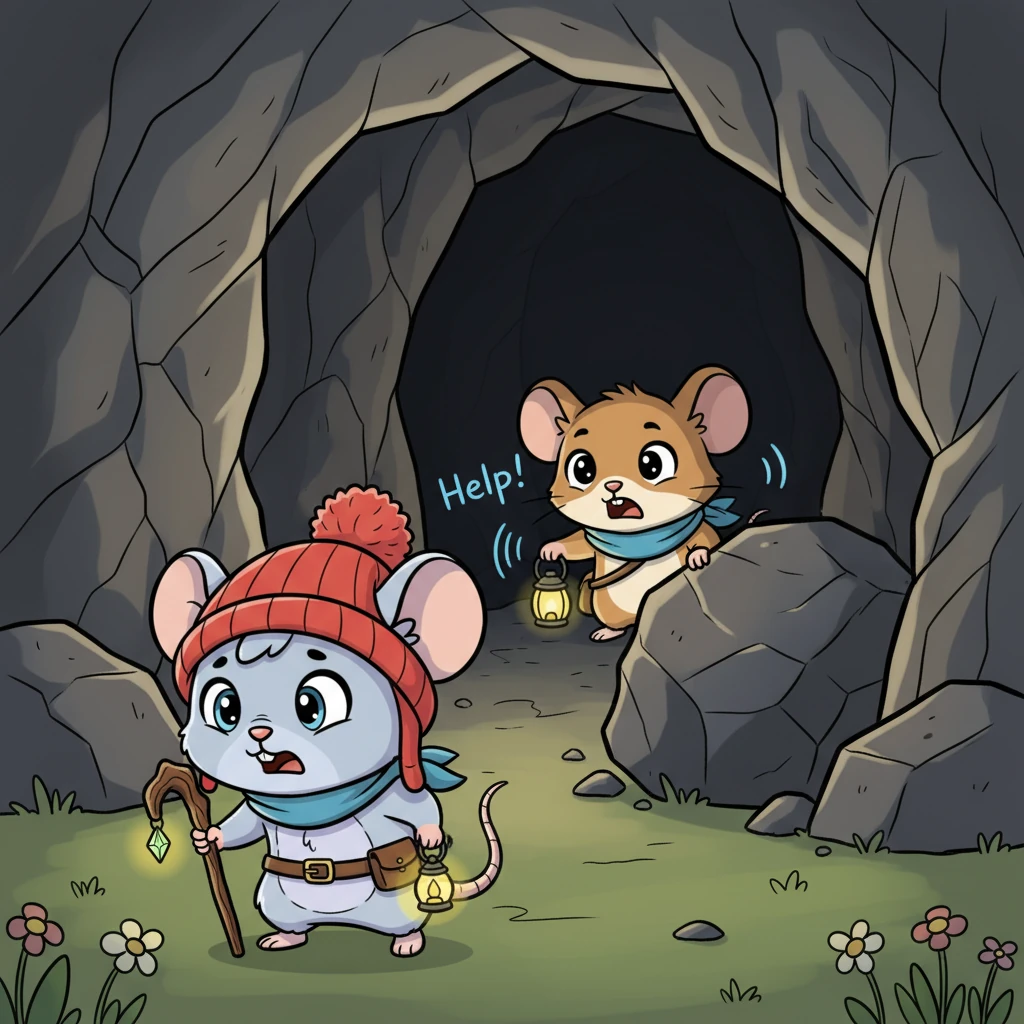 Barnaby, always a bit too daring, scampered into the cave without a second thought. Suddenly, Pip heard a faint squeak, then another, louder one. "Help!" cried Barnaby, his voice echoing from deep within the dark cavern. He was trapped!
