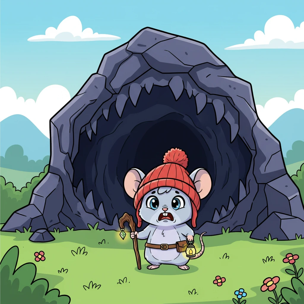 Pip rushed to the cave entrance, his heart thumping like a drum. The opening loomed like a giant, shadowy mouth, swallowing all light. Fear gripped him, making his tiny paws freeze at the threshold of the unknown darkness. His friend was in trouble, but the dark was so vast!