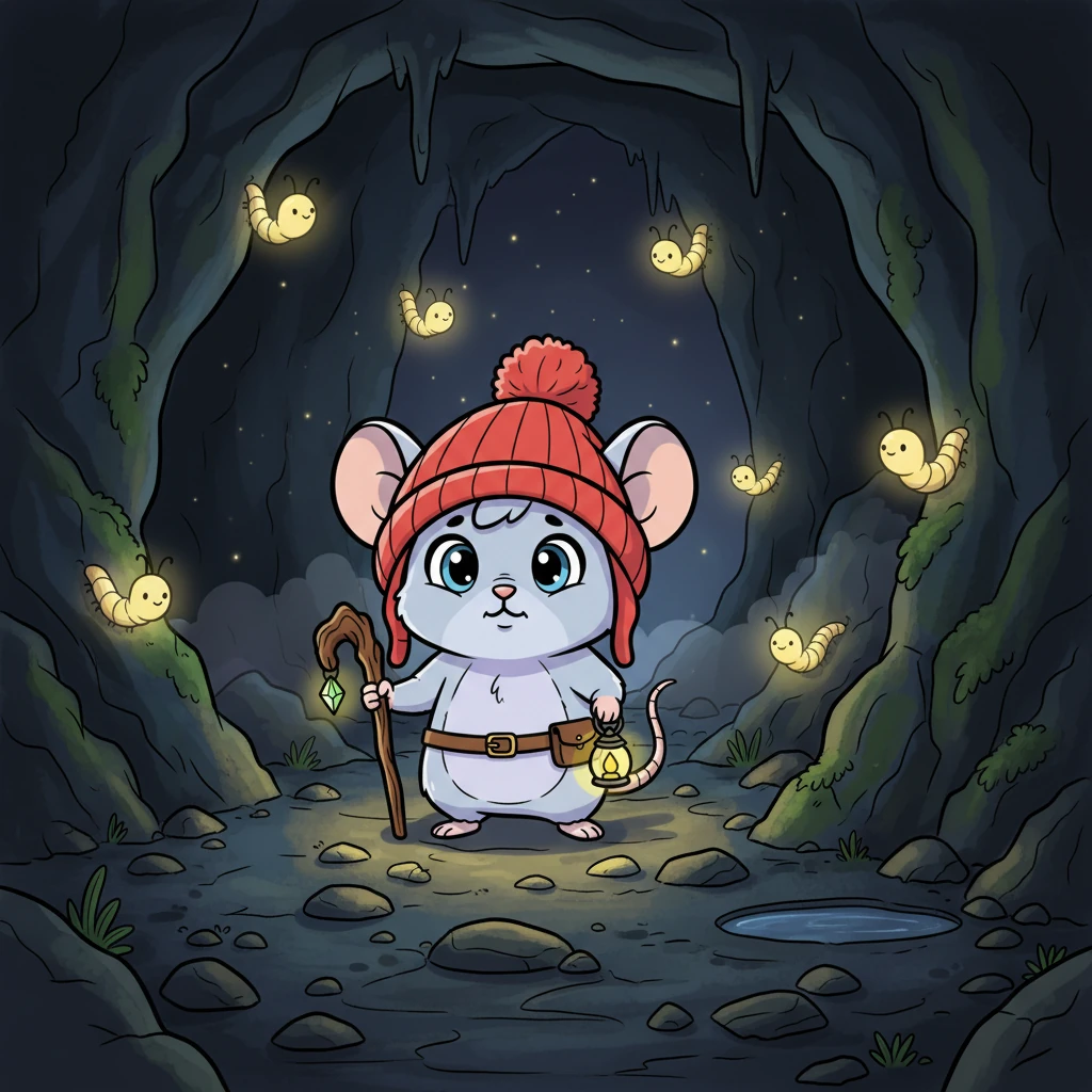 Inside the cave, it was quiet and cool. Pip's eyes slowly adjusted, and he noticed faint twinkles. Friendly glowworms, like tiny lanterns, lit parts of the path, showing him the way forward. He wasn't completely alone in the dark after all.