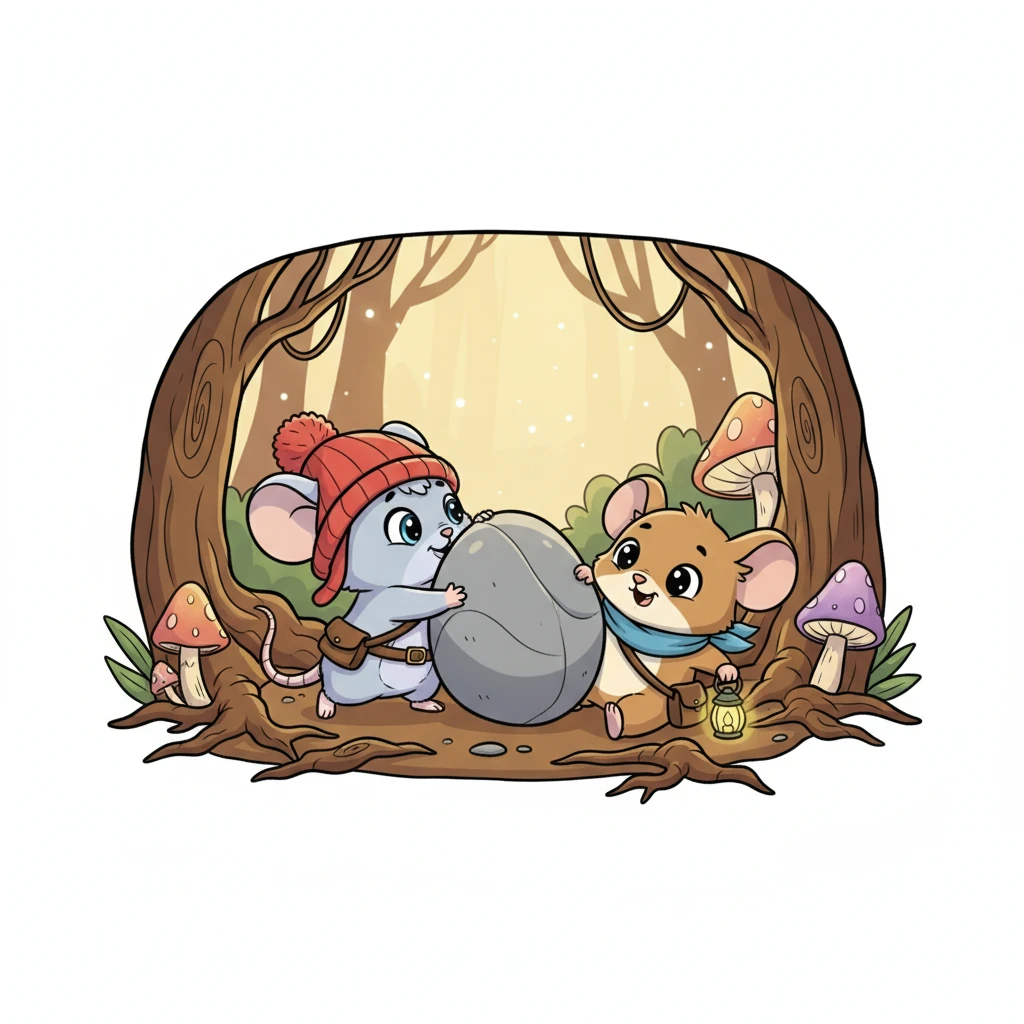 Deeper inside, Pip heard a whimper. He followed the sound and found Barnaby, tangled in a thick root and stuck under a surprisingly heavy, round pebble. Barnaby looked relieved and a little bit embarrassed to see his brave friend.