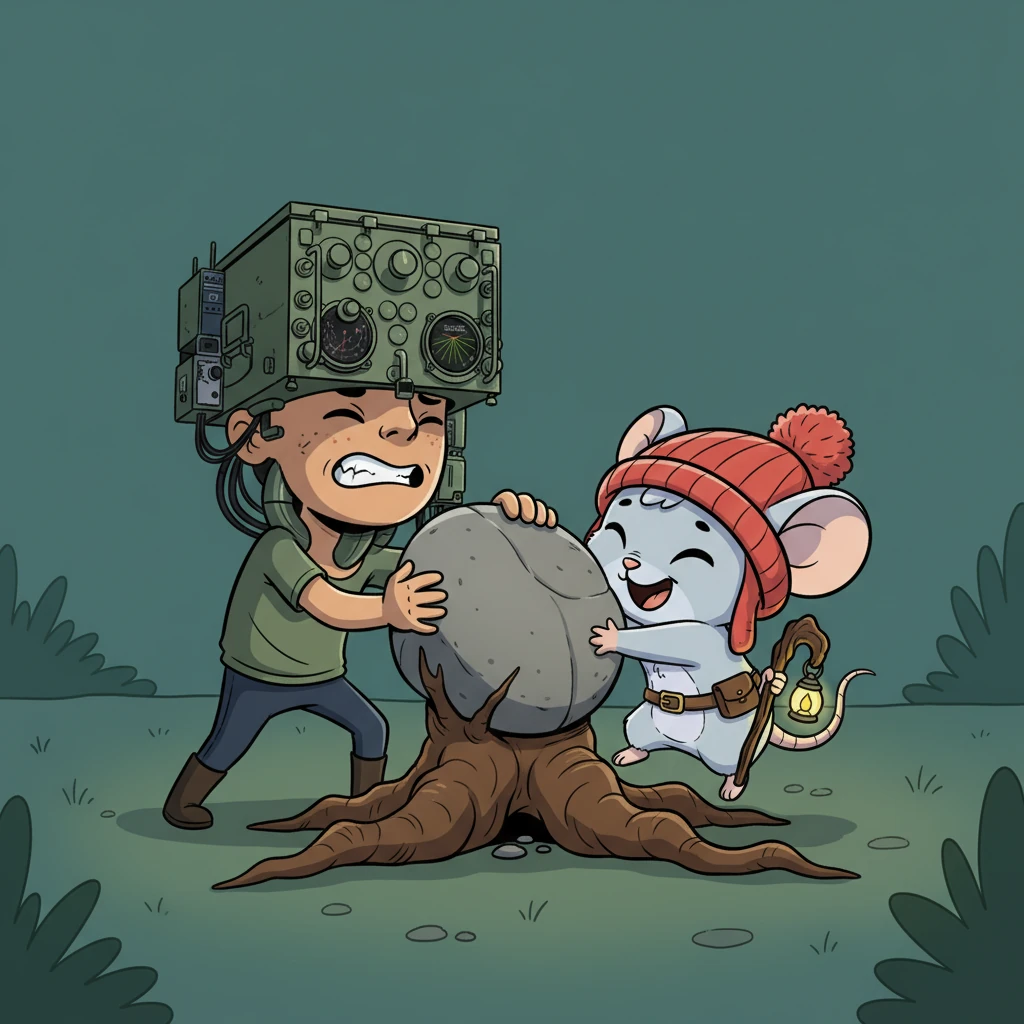 With all his might, Pip pushed and nudged the heavy pebble. Barnaby wiggled and pulled, and together, they freed him from the root's grasp. They hugged tightly, both feeling a wave of relief wash over them in the dim light.