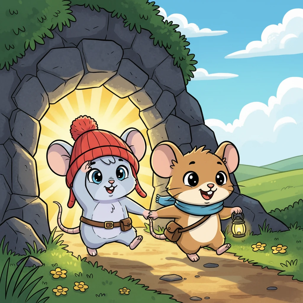 Hand in paw, Pip and Barnaby scurried out of the cave, bursting into the brilliant sunshine. Pip blinked, feeling the warm sun on his fur, and realized something amazing: the dark wasn't so scary anymore. He had faced it, and he had won, all for his friend.