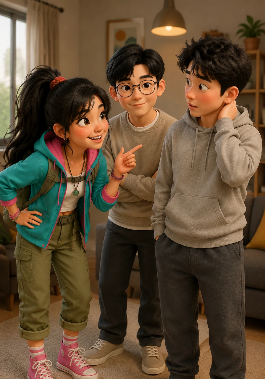 Lyn May teases Ichiro with a mischievous grin when she mentions a specific friend they are all eager to see again. She says she cannot wait to see Belinda, a bright and kind girl from their exchange student group. Song Wu chimes in with agreement, watching Ichiro's reaction closely.