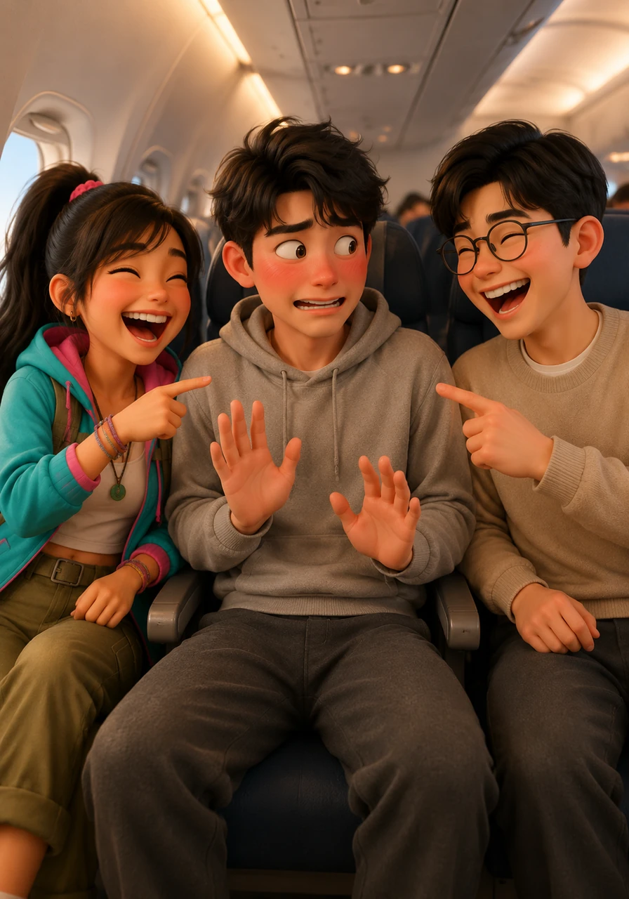Ichiro instantly blushes, his cheeks turning a bright shade of crimson as he tries to look away casually. He stammers a quick denial, making his friends burst into joyful, lighthearted laughter inside the cozy airplane cabin. The shared inside joke makes the thousands of miles they traveled feel like nothing at all.