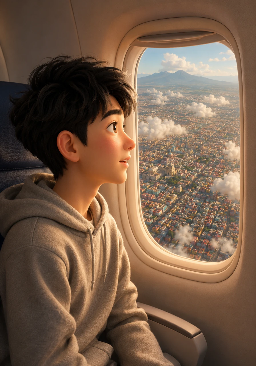 Looking out the small airplane window, the vast and colorful grid of Mexico City begins to unfold beneath the scattering clouds. Thousands of houses and buildings spread across the valley like a beautiful, endless mosaic under the warm sun. The sight takes Ichiro's breath away, signaling that their long-awaited destination is right below them.