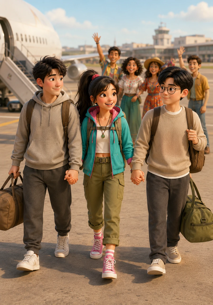 With a gentle thud, the airplane wheels touch down on the runway, and the friends gather their bags with racing hearts. Hand in hand, the trio steps out into the vibrant atmosphere of Mexico, ready to embrace the old friends waiting for them. A new chapter of laughter, culture, and lifelong memories is about to begin.
