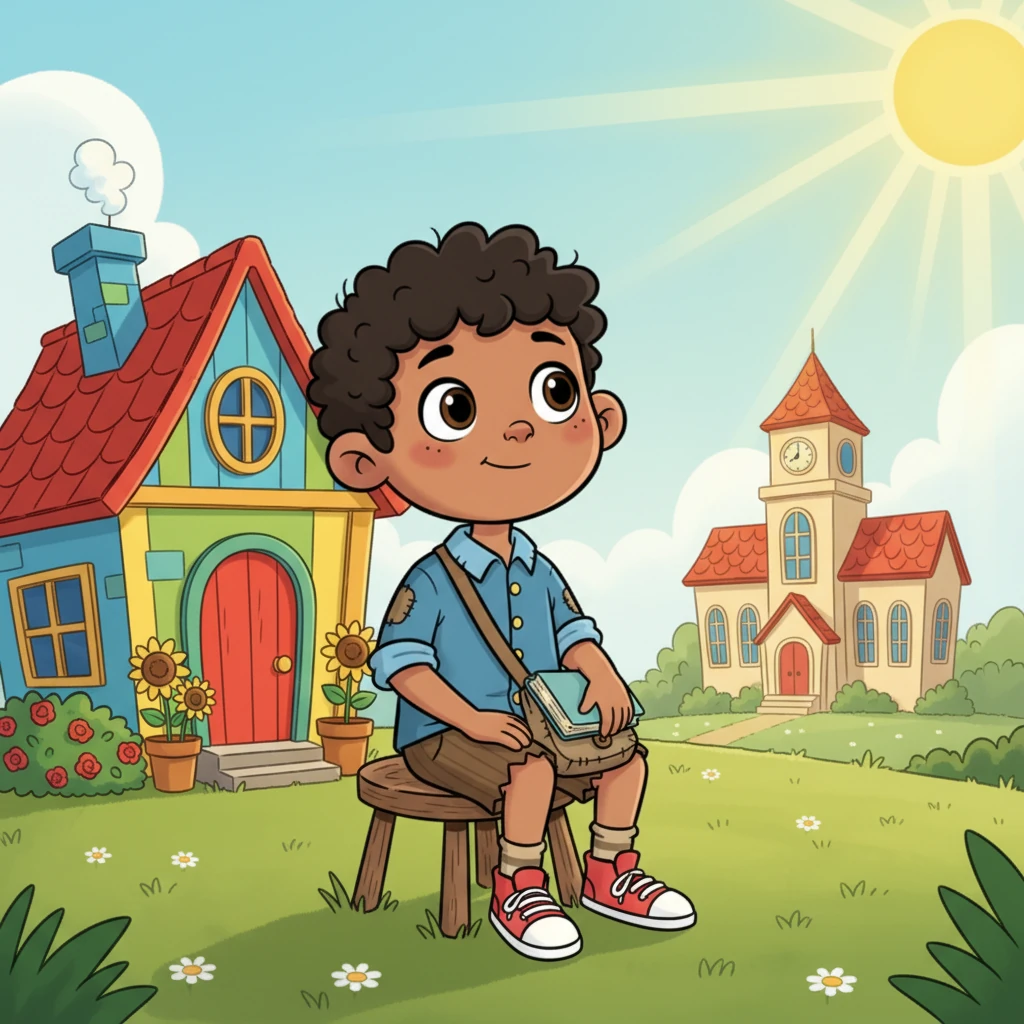Young John sits on a rickety wooden stool outside his small, colorful home, gazing wistfully at the distant, grand schoolhouse. His eyes are wide with wonder, imagining the adventures within its walls, as a bright sun shines down on him.