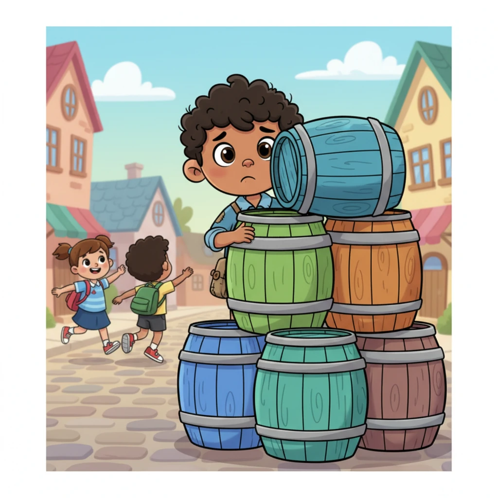 While other children skip past with their school bags, John watches from behind a playful pile of oversized, mismatched barrels. A touch of sadness crosses his expressive face, but a spark of determination still flickers in his hopeful eyes.