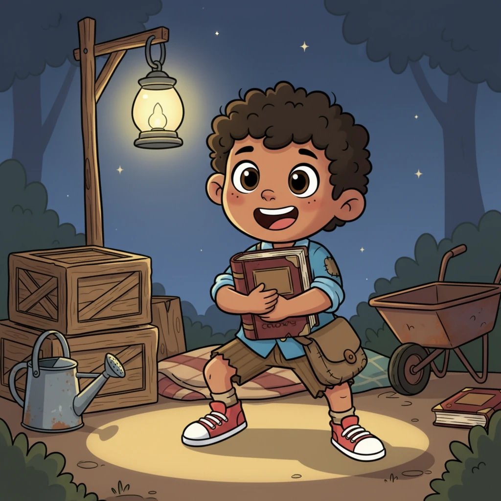 One evening, under the soft glow of a single, exaggerated lantern, John discovers an old, tattered storybook among discarded items. His face lights up with pure joy, as if he's found a hidden treasure, clutching the book tightly.