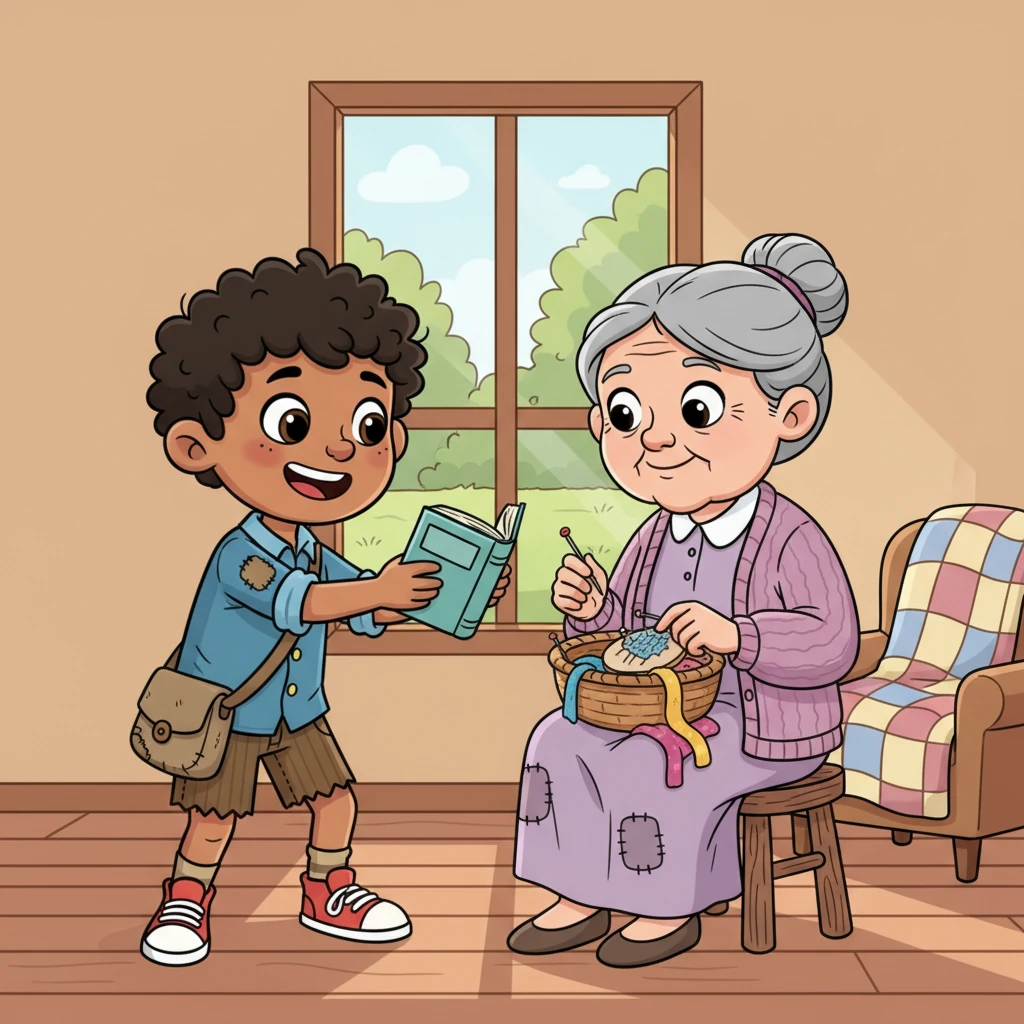 John, with an enormous, cheerful grin, proudly shows his new-found book to his kind, slightly stooped grandmother, who is mending clothes. She smiles warmly, her eyes twinkling, encouraging his enthusiasm for learning.