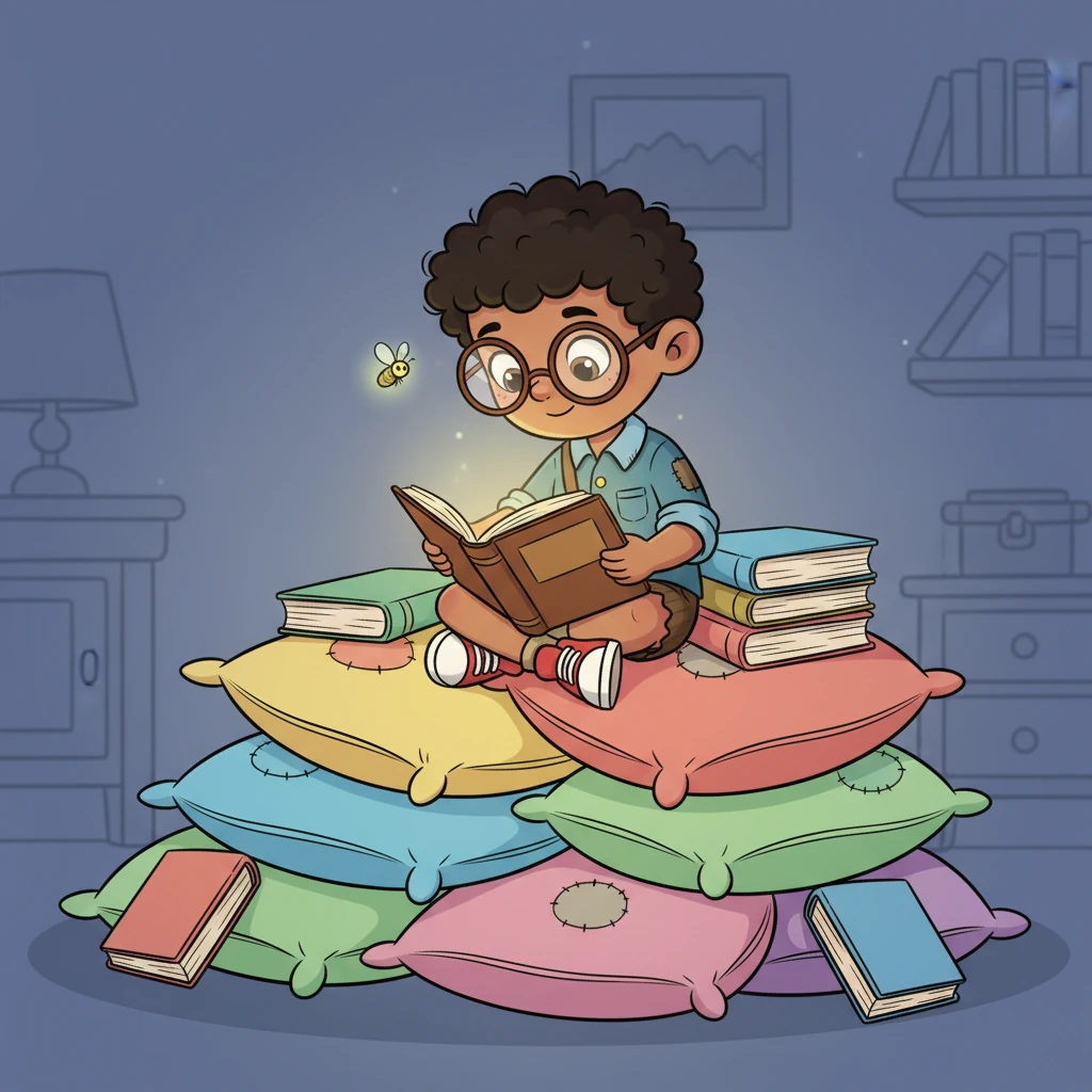 Days turn into nights as John diligently studies, perched on a stack of colorful, oversized pillows, surrounded by a few well-loved books. He's so engrossed, a tiny, curious firefly glows near his ear, adding a magical touch to the scene.