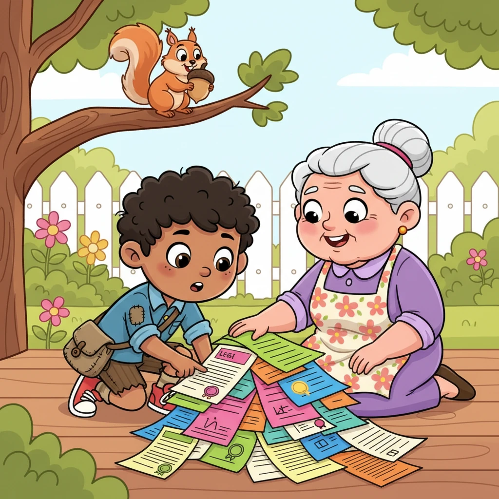 A mischievous squirrel with an oversized acorn watches as John helps a friendly, elderly neighbor sort through a pile of quirky, colorful legal documents. John's focused expression shows his natural talent for problem-solving, making the neighbor beam with relief.