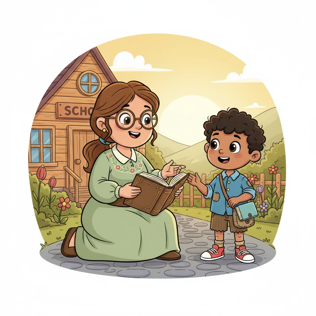 A kind, wise teacher from the schoolhouse, with a friendly, round face and spectacles, kneels down to chat with John, holding an open book. She sees his bright potential and offers him a special opportunity to attend evening classes.