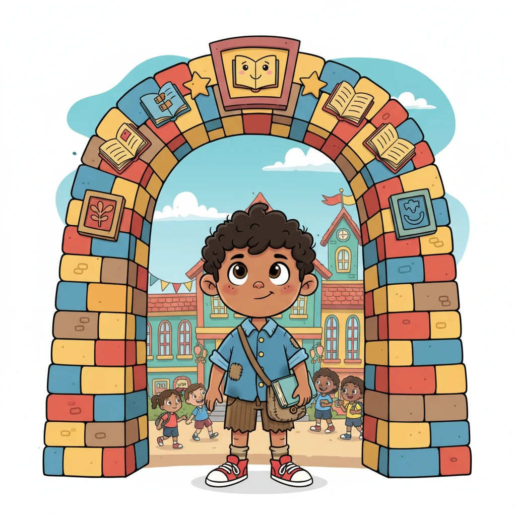 On his very first day, John stands at the grand entrance of the vibrant, bustling schoolhouse, his small figure dwarfed by the tall, arching doorway. He takes a deep breath, his heart full of excitement and a touch of nervous anticipation.