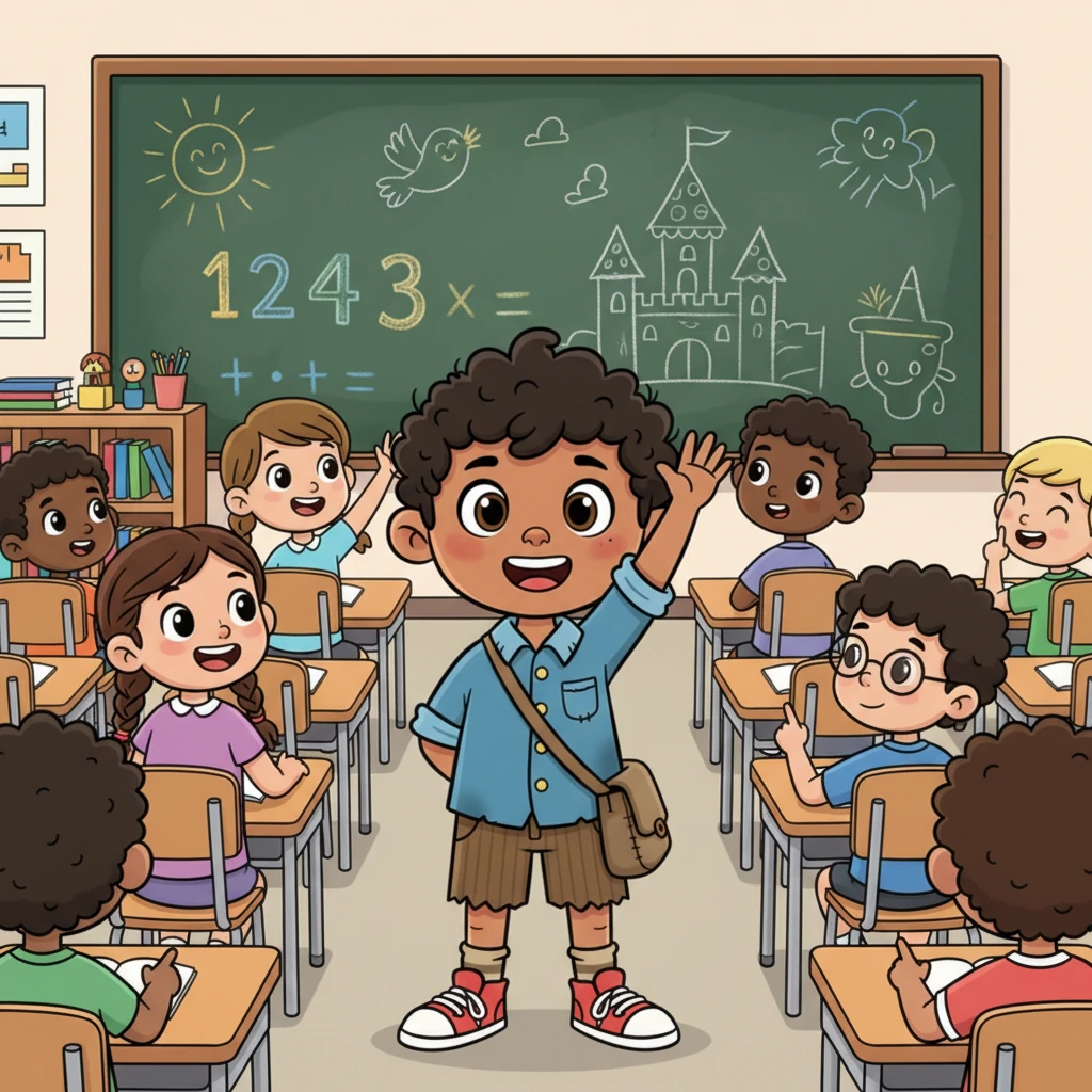 Inside the lively classroom, John is fully engaged, raising his hand high with an eager smile, surrounded by other diverse, expressive students. The blackboard behind them is filled with whimsical drawings and cheerful numbers, symbolizing his new world of learning.