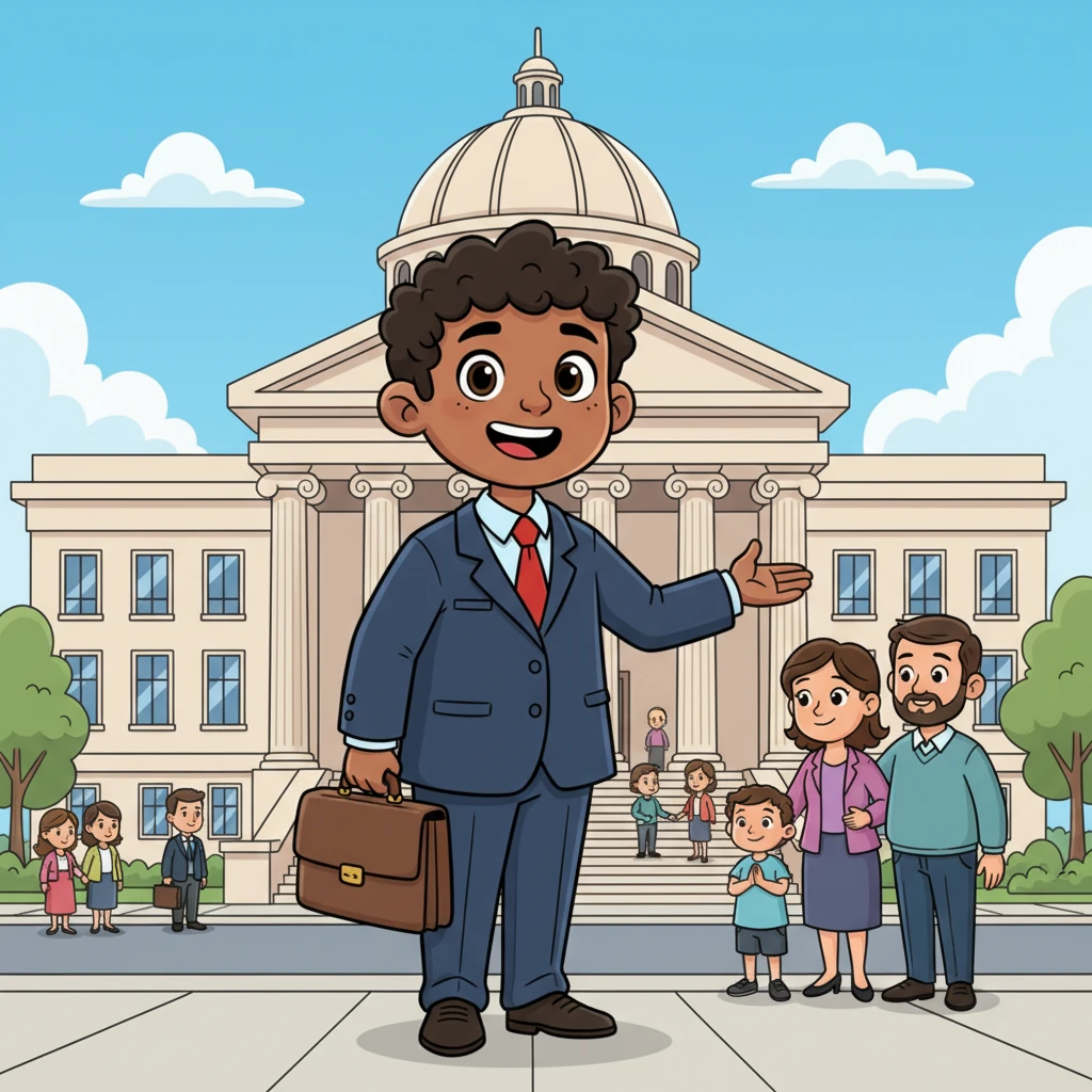 Years later, a confident, slightly older John, now a lawyer in a smart, oversized suit, stands proudly in front of a bustling courthouse, holding a briefcase. He gestures kindly towards a grateful family, helping them with a big, happy smile, his dream wonderfully realized.