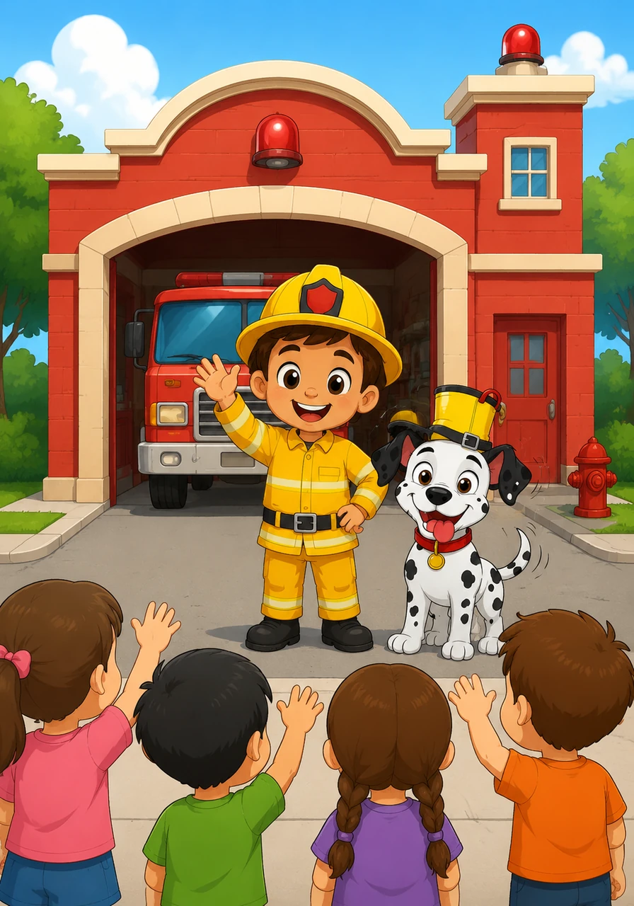 Firefighter Fred stands in front of the bright red fire station. He has a big smile and waves his hand at the children. Look at the station! Sparky the dog wiggles his ears and wags his tail.