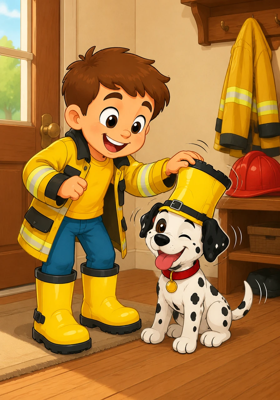 Fred needs to get ready for work. He puts his big yellow boots on his feet and his coat on his arms. Sparky wants to help, but he puts a boot on his head! Stop, Sparky! Fred laughs and gives him a pat.
