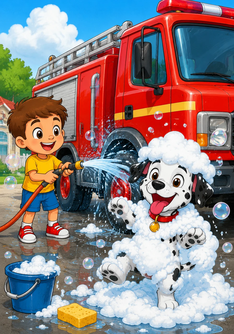 It is time to wash the big red fire truck. Fred uses a long hose to spray water on the wheels. Sparky jumps in the bubbles and gets very soapy. Look at the bubbles! Sparky looks like a fluffy white cloud.
