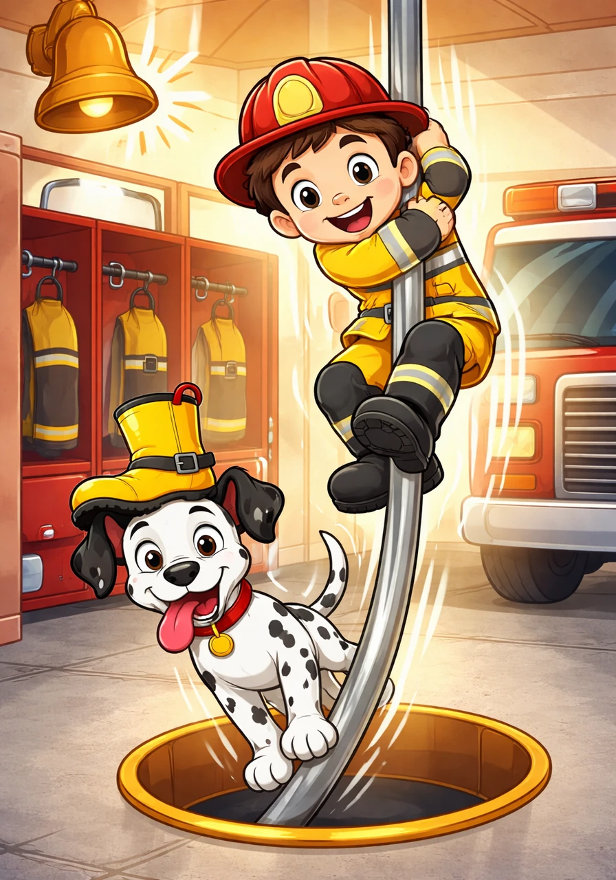 Ding-dong! The station bell makes a happy sound. Fred slides down the shiny silver pole very fast. Sparky tries to slide down too, but he goes down very slowly with his tongue out. Go, go, go!