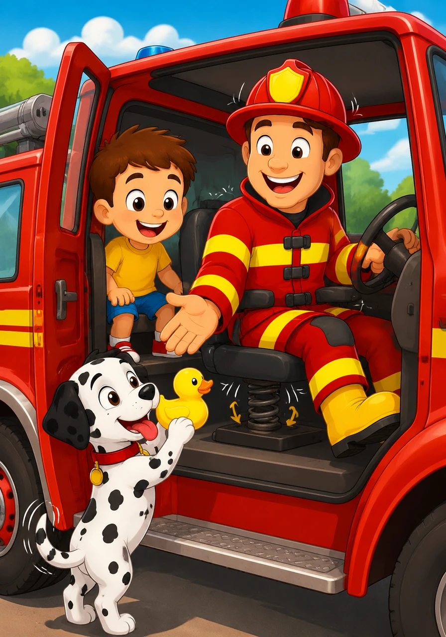 Fred gets into the truck and turns on the bouncy seat. Sparky wants to bring his favorite toy for the ride. He puts a squeaky rubber duck in the truck. Give it here, Sparky! Now we are ready to go.