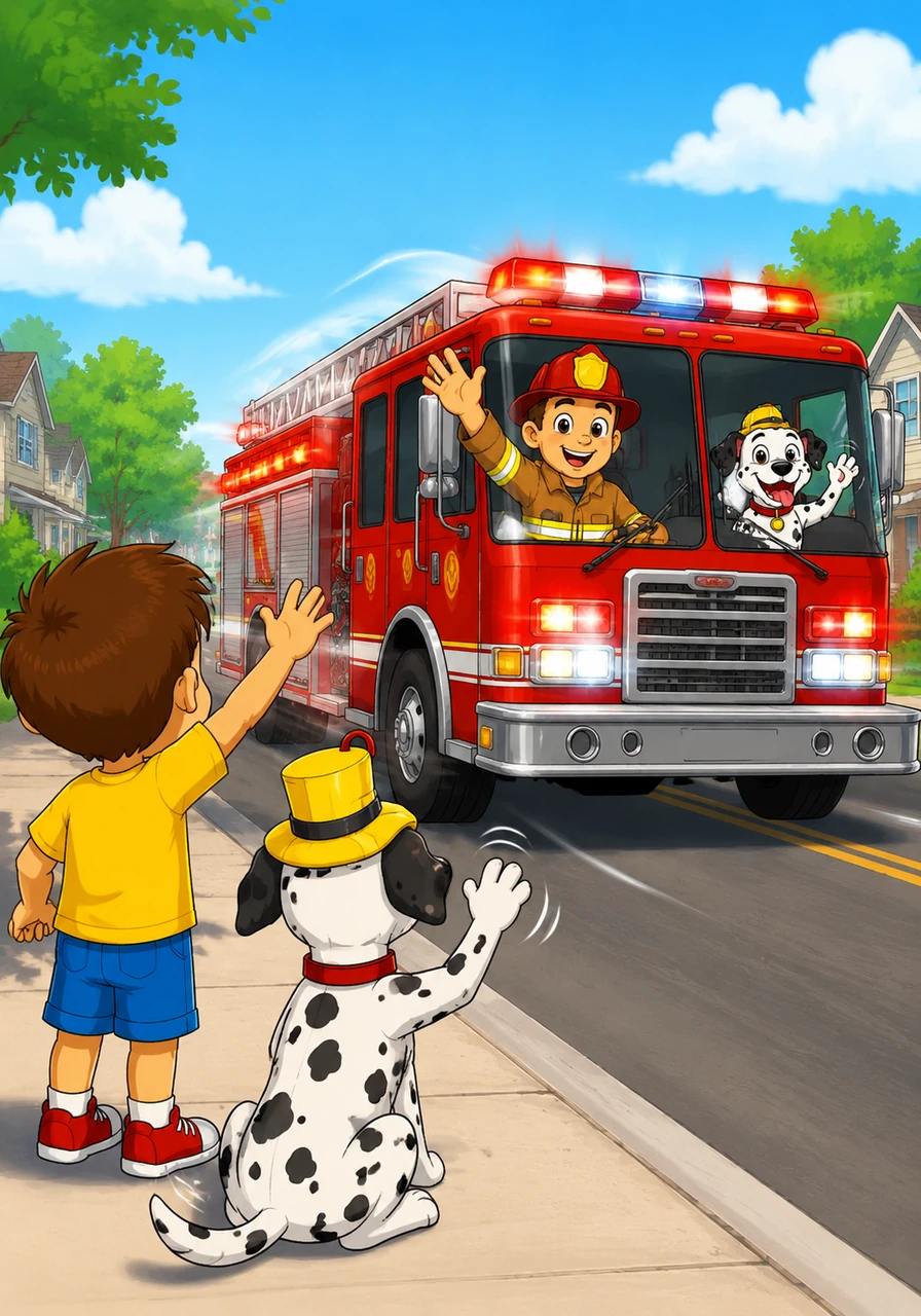 The fire truck drives down the street with bright flashing lights. The children on the sidewalk wave their hands and cheer. Fred and Sparky wave back. Look at us go! The truck makes a soft zoom sound.