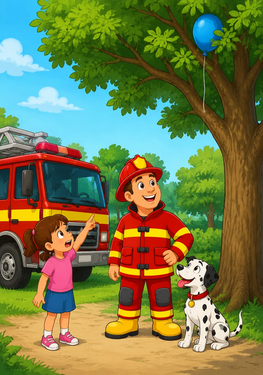 The truck stops at a tall green tree in the park. A little girl points up at a blue balloon caught in the branches. Help, help! she says. Fred looks up and smiles. He can help get the balloon.