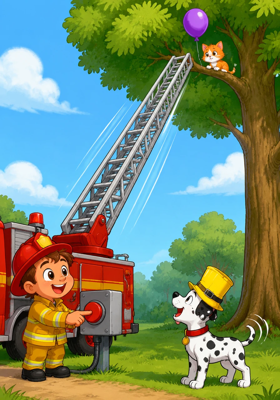 Fred pushes a big button to make the ladder go up. The ladder goes up, up, up into the leaves. Sparky watches from the ground and wags his tail fast. I want to help! Sparky barks at the balloon.