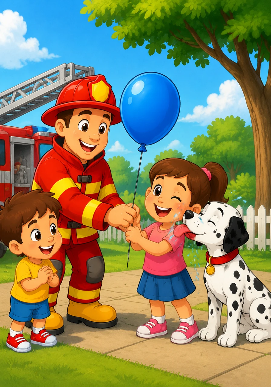 Fred gets the blue balloon and climbs back down the ladder. He gives the balloon to the happy girl. She says, Thank you! Fred feels very proud and Sparky gives the girl a wet doggy kiss.