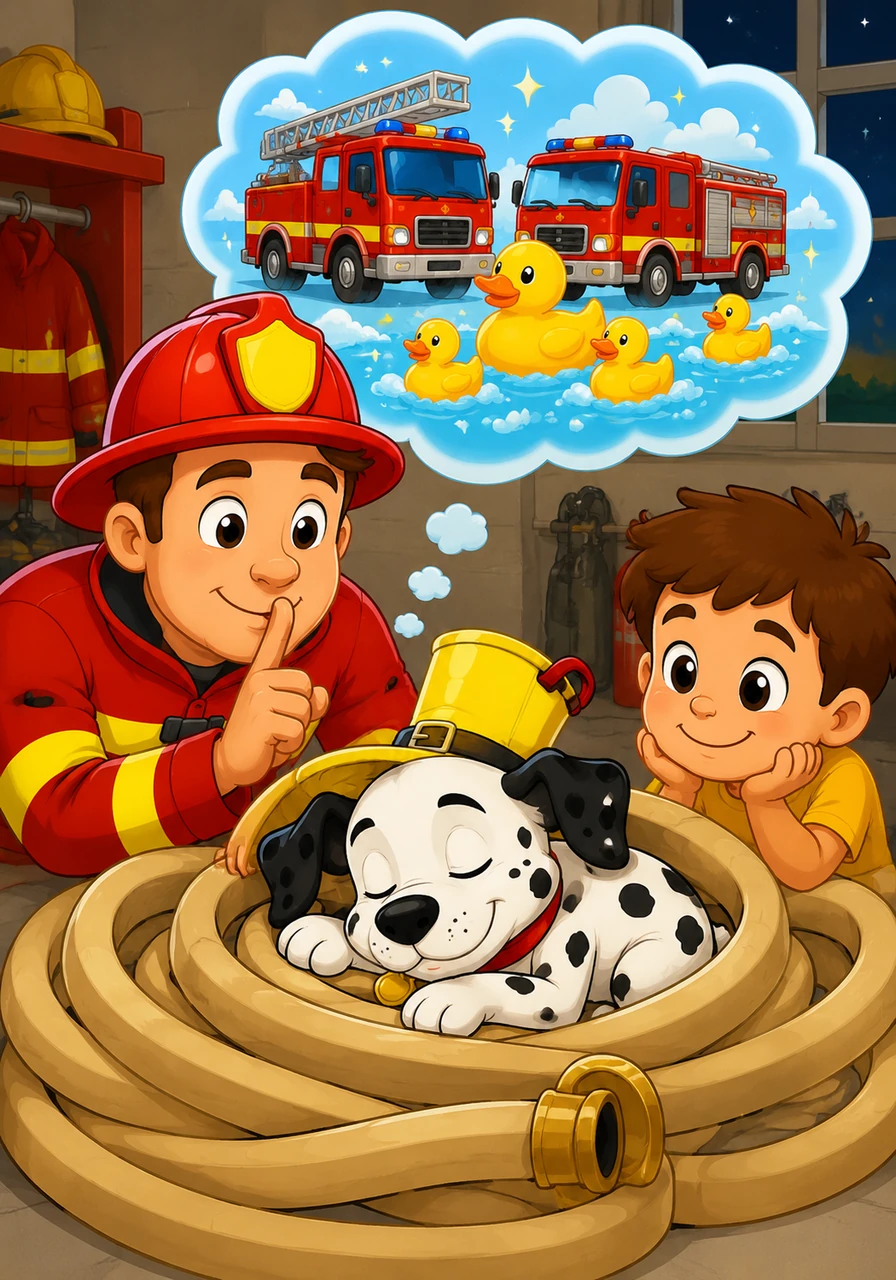 Everyone goes back to the station to rest. Sparky is very tired and falls asleep in a pile of soft hoses. Do you want to play again tomorrow? Fred whispers. Sparky dreams of big red trucks and rubber ducks.