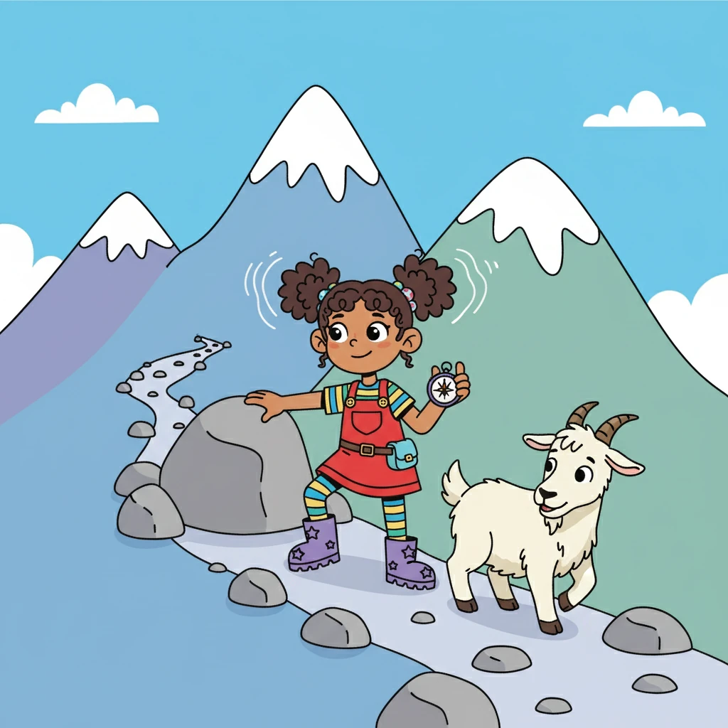 As she climbed higher, the air grew crisp and the mountains loomed larger, their peaks dusted with snow. She met a friendly mountain goat who became her companion, guiding her along the tricky trails. They shared stories and laughed together as they walked.