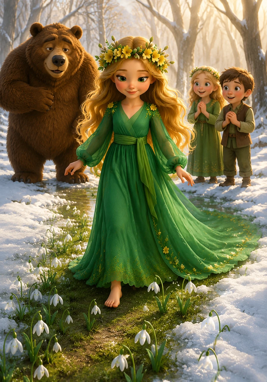 With every step she takes across the frozen ground, the snow melts away to reveal tiny, brave snowdrops. Her emerald dress trails behind her, leaving a path of fresh green grass in the silent woods.