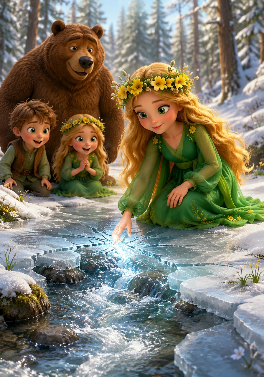She reaches a frozen brook and gently touches the thick ice with her fingertips. A musical cracking sound echoes through the trees as the water begins to sparkle and flow once more.