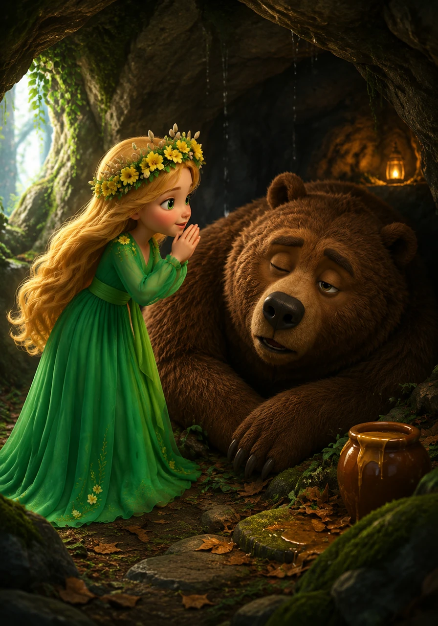 Vesna finds a deep cave where a large bear is still dreaming of winter. She whispers a warm melody into the shadows, and the bear stirs, blinking at the new scent of damp earth and honey.