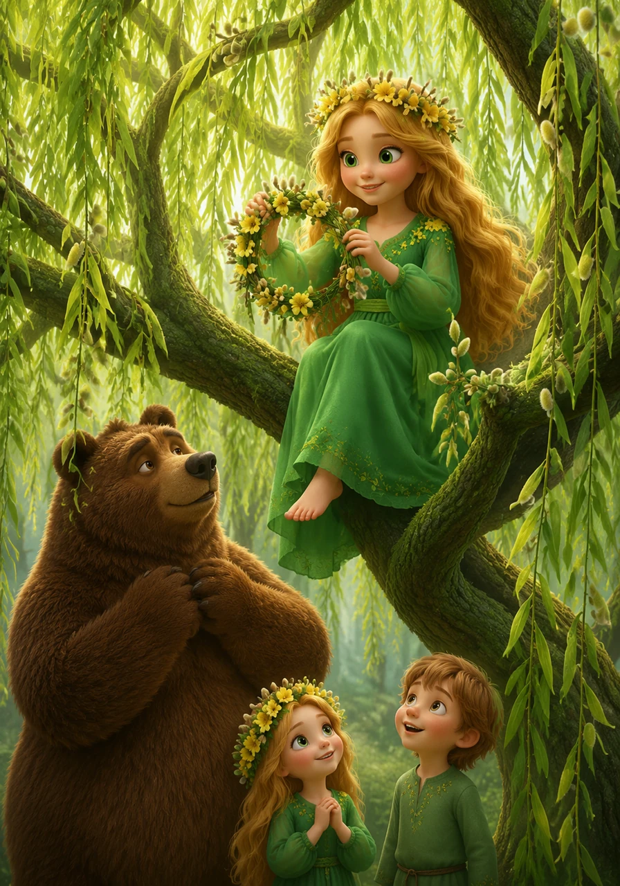 High in the branches of the willow trees, she weaves a crown of soft catkins and yellow primroses. The trees shiver with delight, turning from grey to a vibrant, misty green under her care.