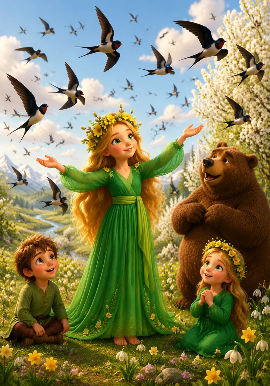 A flock of swallows returns from the distant south, chirping excitedly as they find their way home. They circle around Vesna, fluttering their wings in a joyful dance that fills the sky with music.