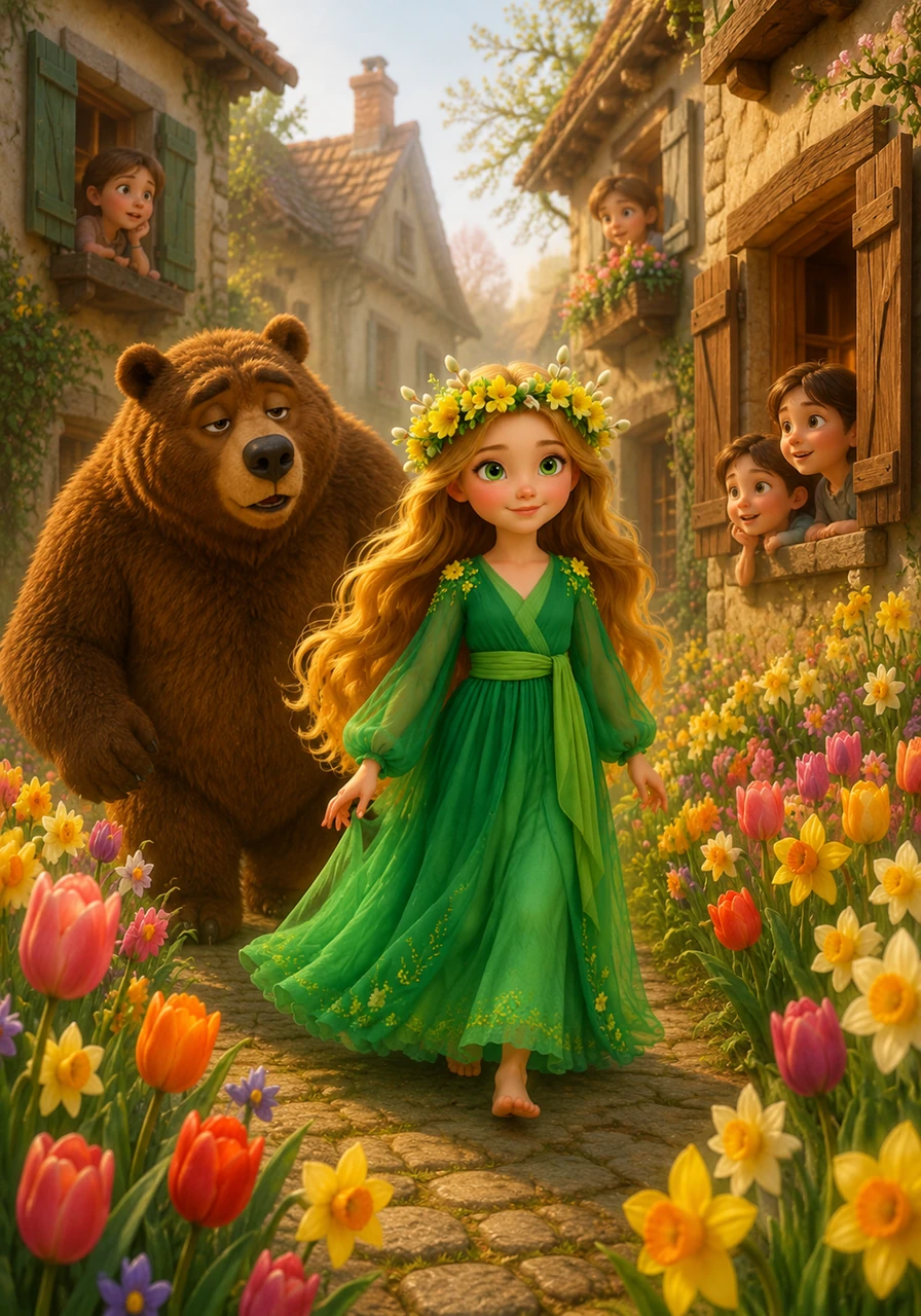 She enters a sleepy village where children are peeking out of their windows, longing for the sun. As she passes by, colorful tulips and daffodils burst into bloom in every garden, painting the town with joy.
